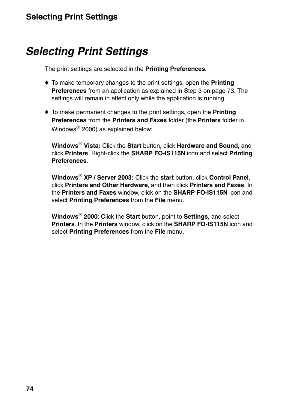 Selecting print settings | Sharp FO-IS115N User Manual | Page 79 / 165