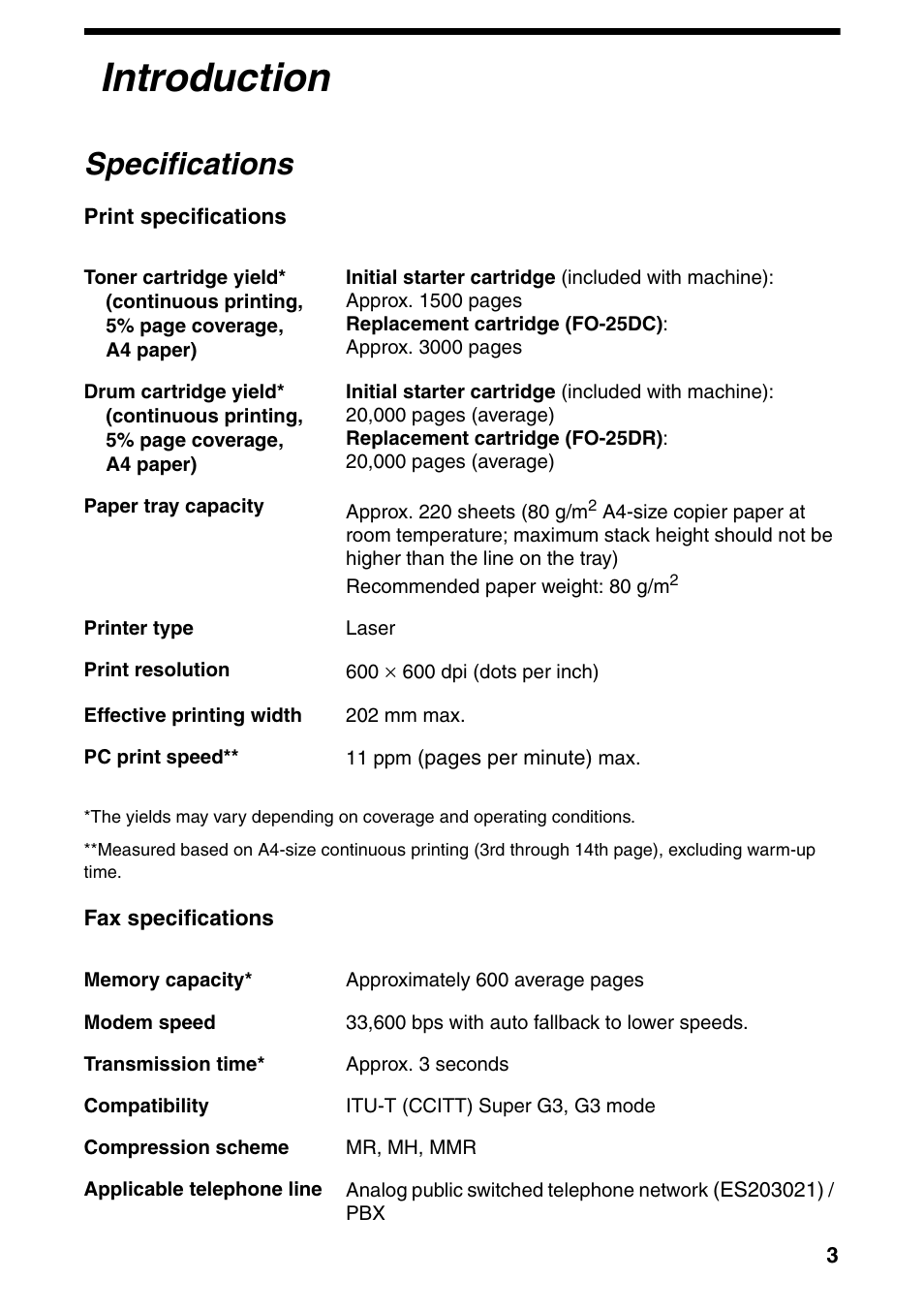 Introduction, Specifications | Sharp FO-IS115N User Manual | Page 8 / 165