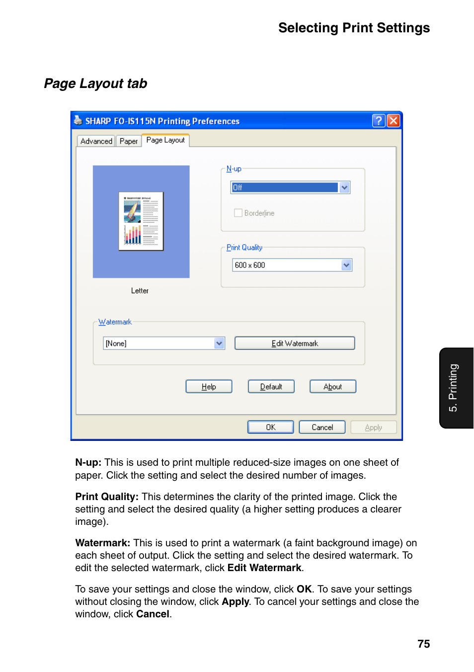 Selecting print settings, Page layout tab | Sharp FO-IS115N User Manual | Page 80 / 165