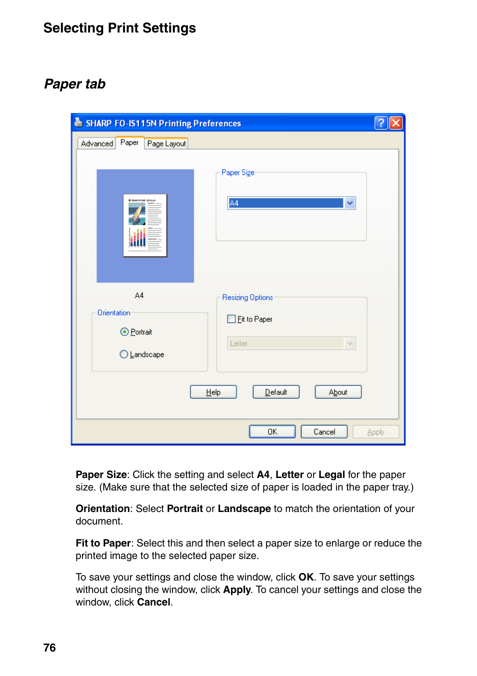 Selecting print settings, Paper tab | Sharp FO-IS115N User Manual | Page 81 / 165