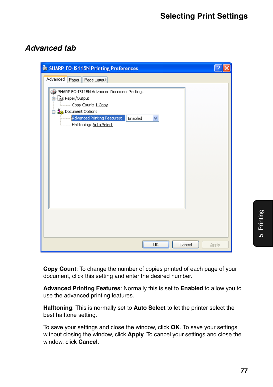 Selecting print settings, Advanced tab | Sharp FO-IS115N User Manual | Page 82 / 165