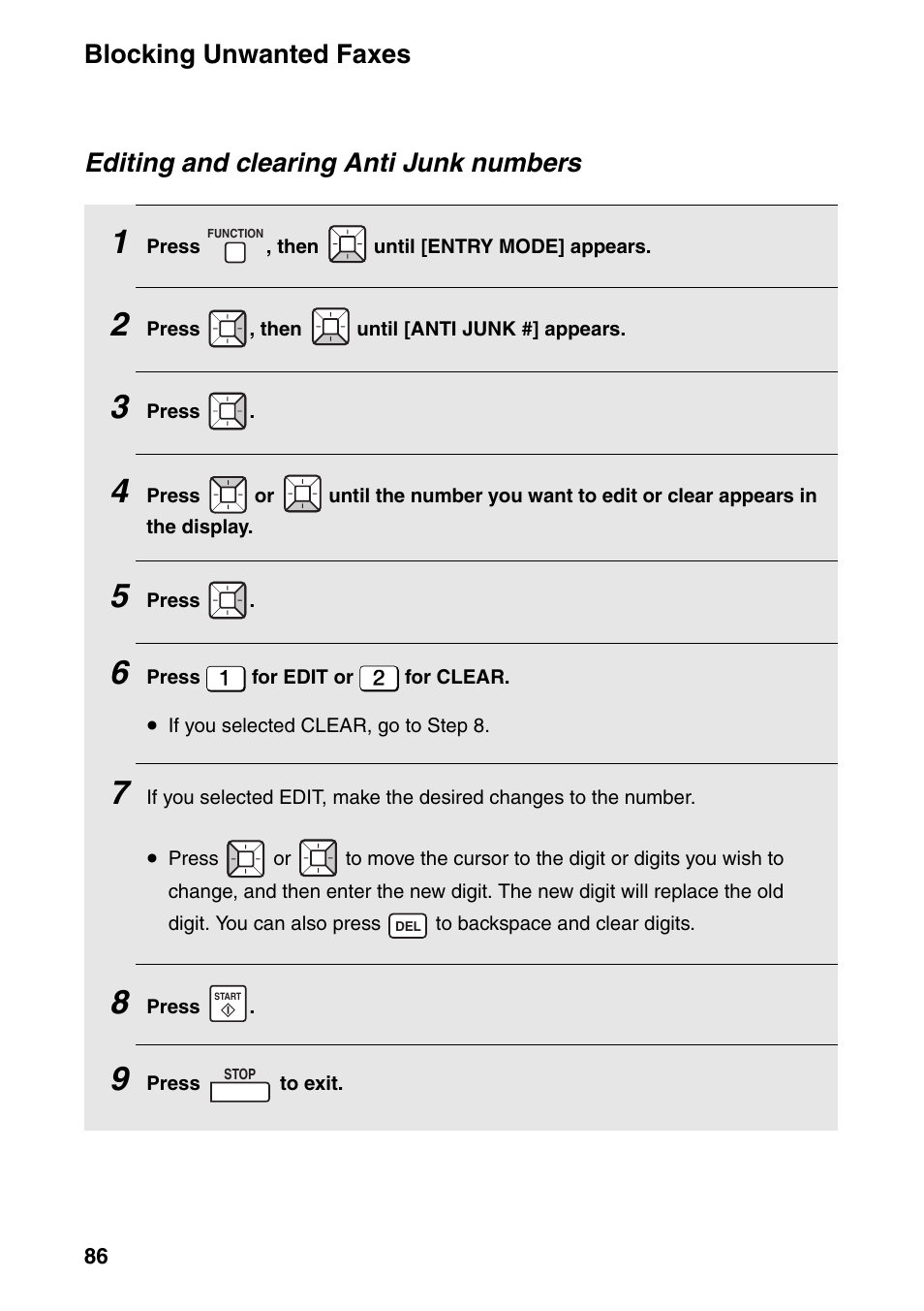 Blocking unwanted faxes, Editing and clearing anti junk numbers | Sharp FO-IS115N User Manual | Page 91 / 165