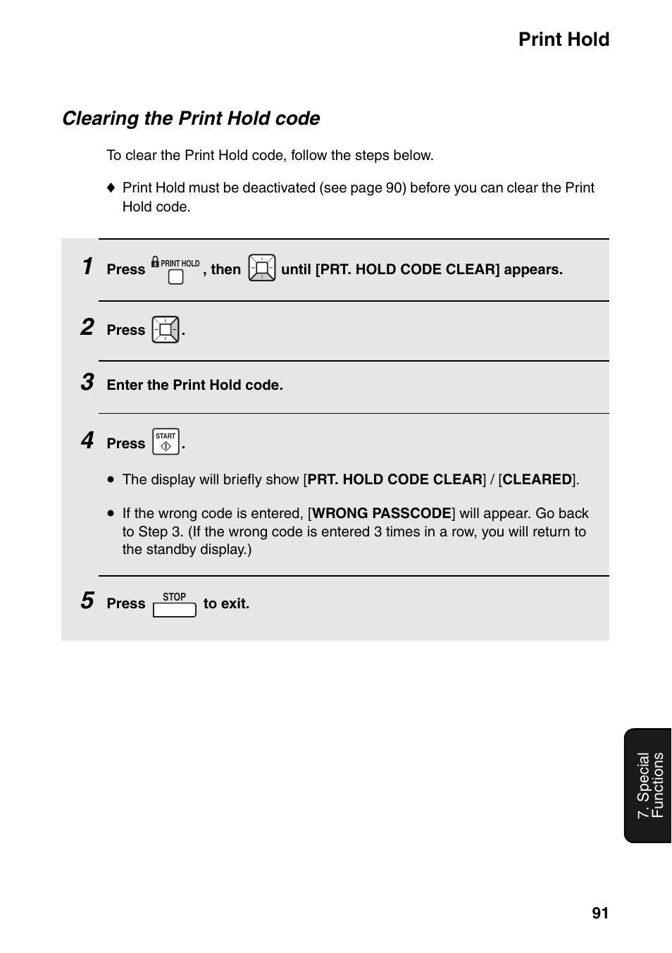 Print hold, Clearing the print hold code | Sharp FO-IS115N User Manual | Page 96 / 165