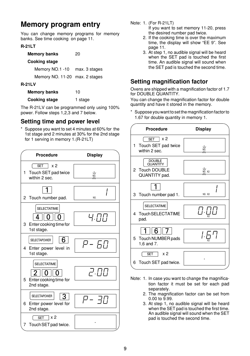 Setting time and power level, Setting magnification factor | Sharp R-21LC User Manual | Page 10 / 24