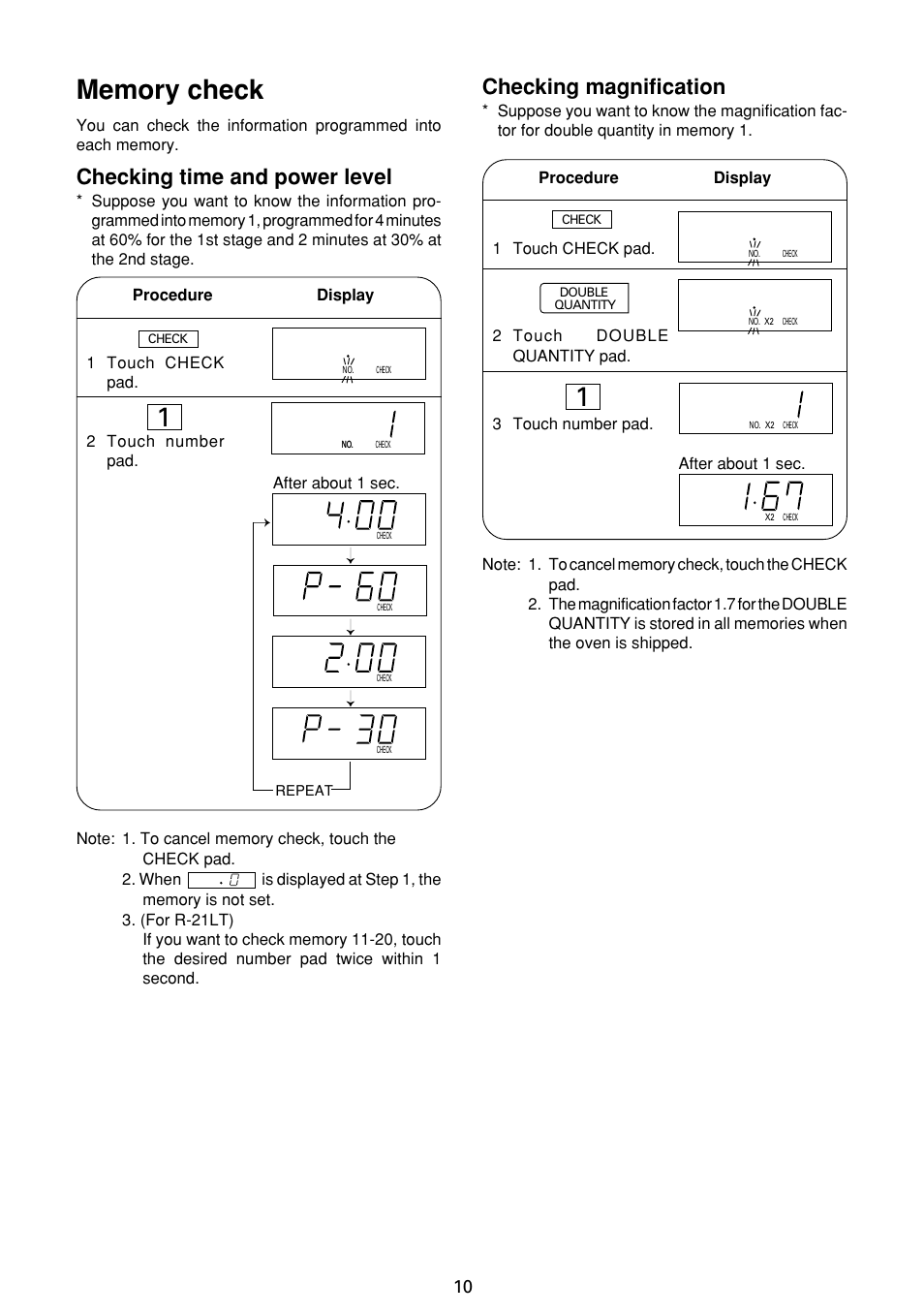 Checking time and power level, Checking magnification | Sharp R-21LC User Manual | Page 11 / 24