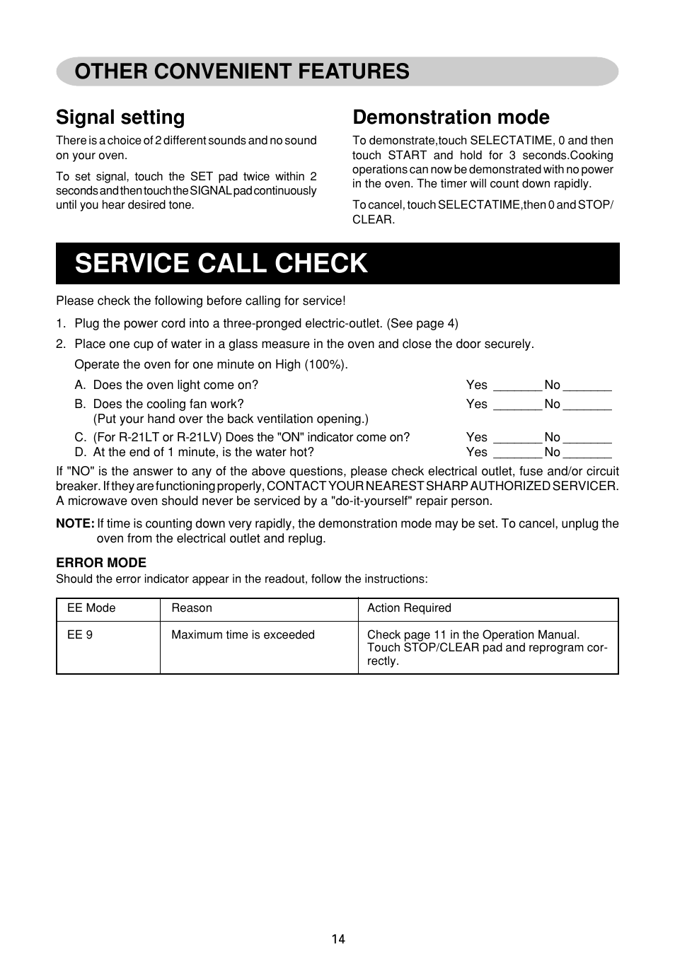 Service call check, Other convenient features, Demonstration mode | Signal setting | Sharp R-21LC User Manual | Page 15 / 24