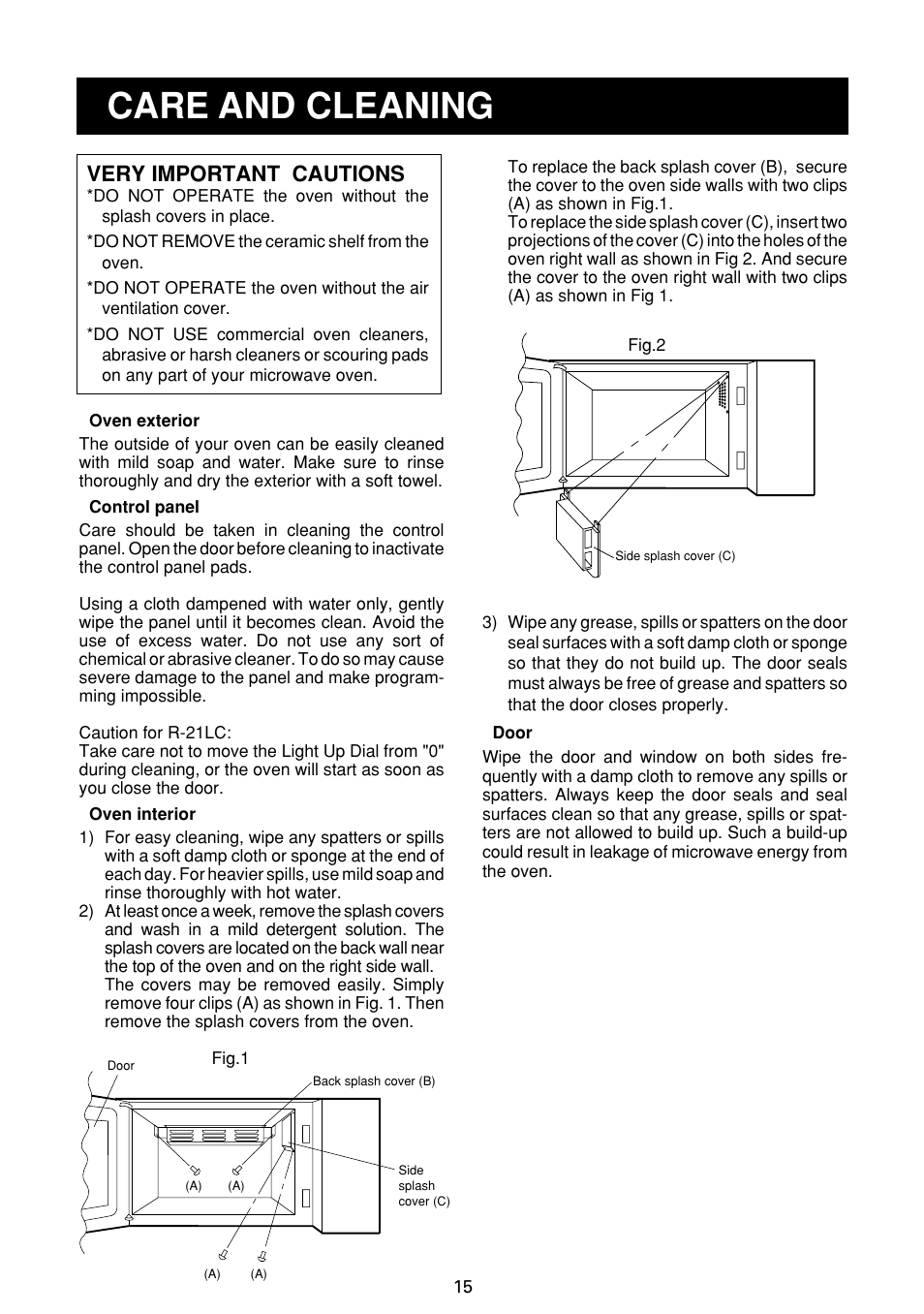 Care and cleaning, Very important cautions | Sharp R-21LC User Manual | Page 16 / 24