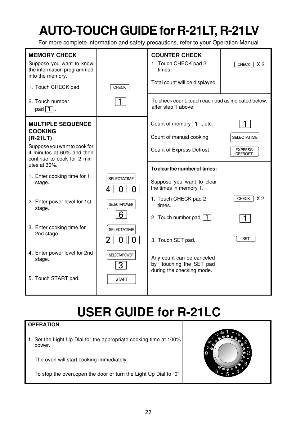 Auto-touch guide for r-21lt, r-21lv, User guide for r-21lc | Sharp R-21LC User Manual | Page 23 / 24