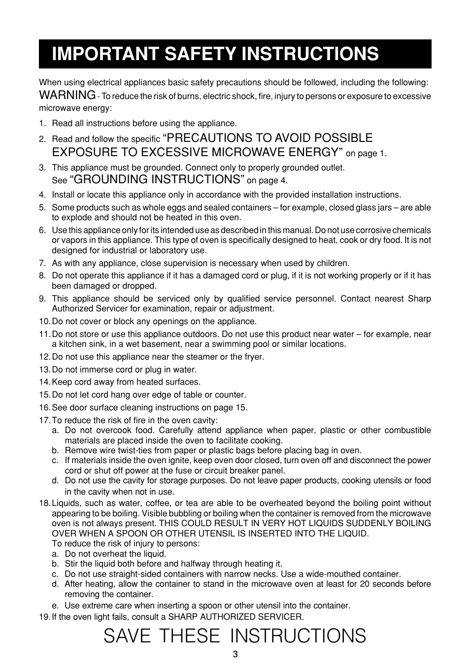 Save these instructions, Important safety instructions, Warning | Grounding instructions | Sharp R-21LC User Manual | Page 4 / 24