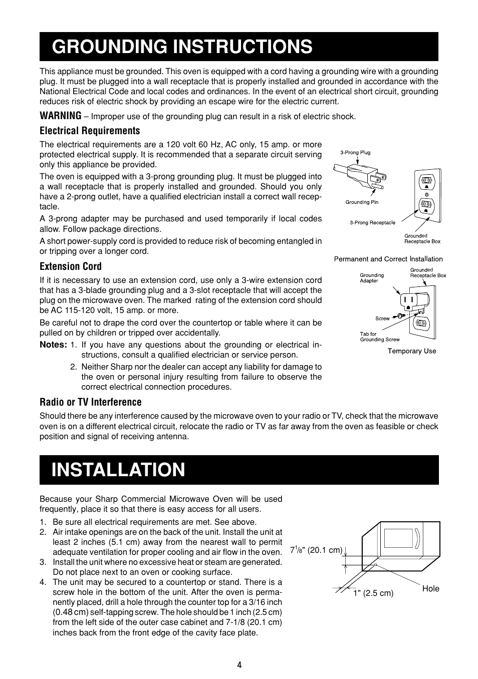 Grounding instructions installation, Warning, Electrical requirements | Extension cord, Radio or tv interference | Sharp R-21LC User Manual | Page 5 / 24
