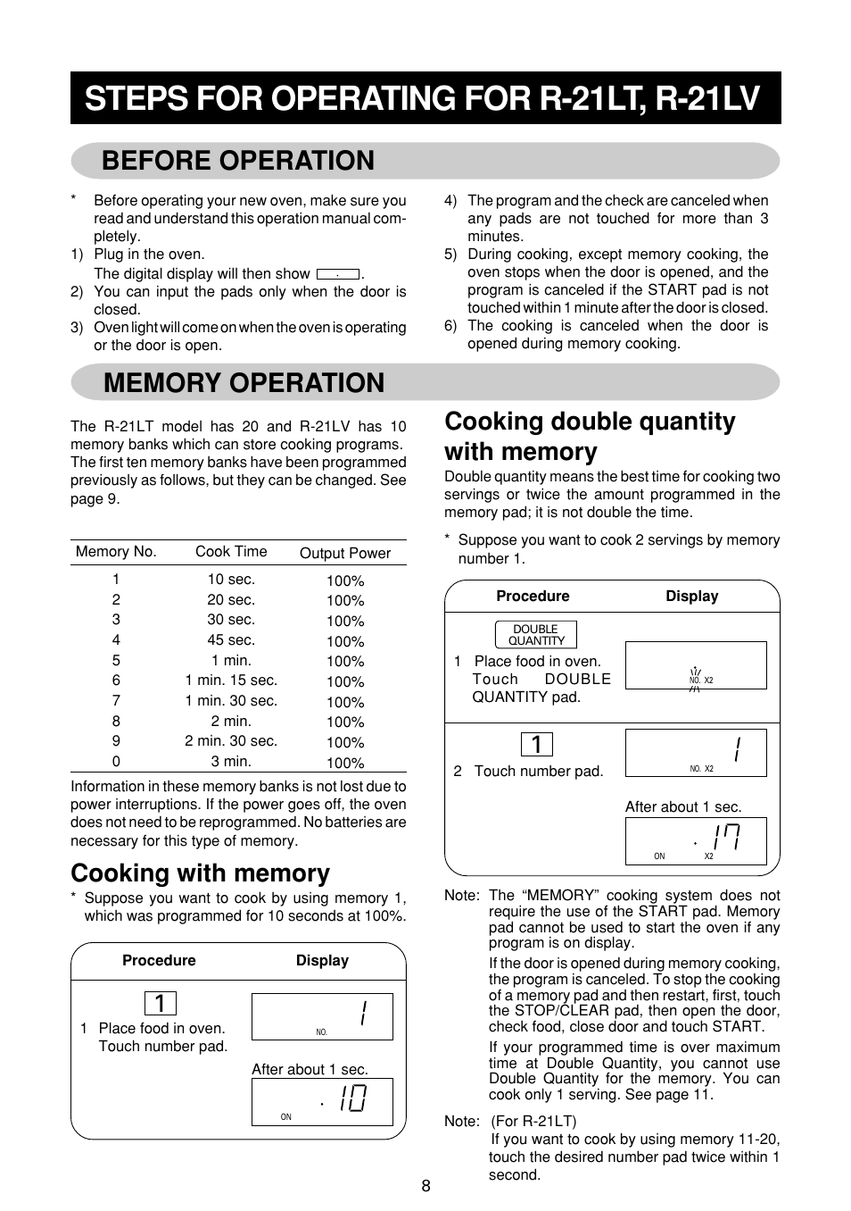 Steps for operating for r-21lt, r-21lv, Before operation | Sharp R-21LC User Manual | Page 9 / 24
