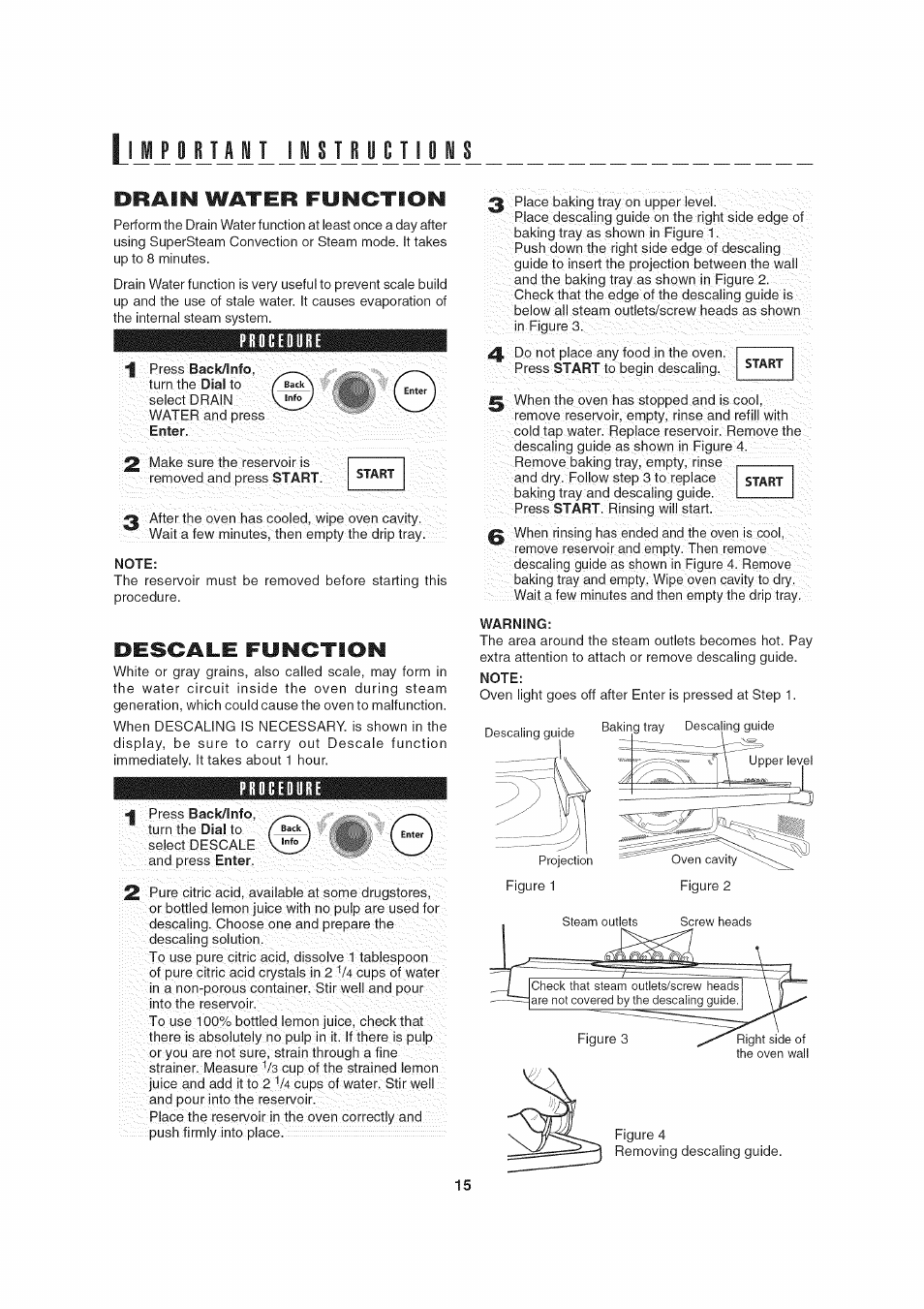 Drain water function, Procedure, Note | Descale function, Warning, L j1 luj 1l i iltjl ill lis | Sharp AX-1200 User Manual | Page 17 / 43