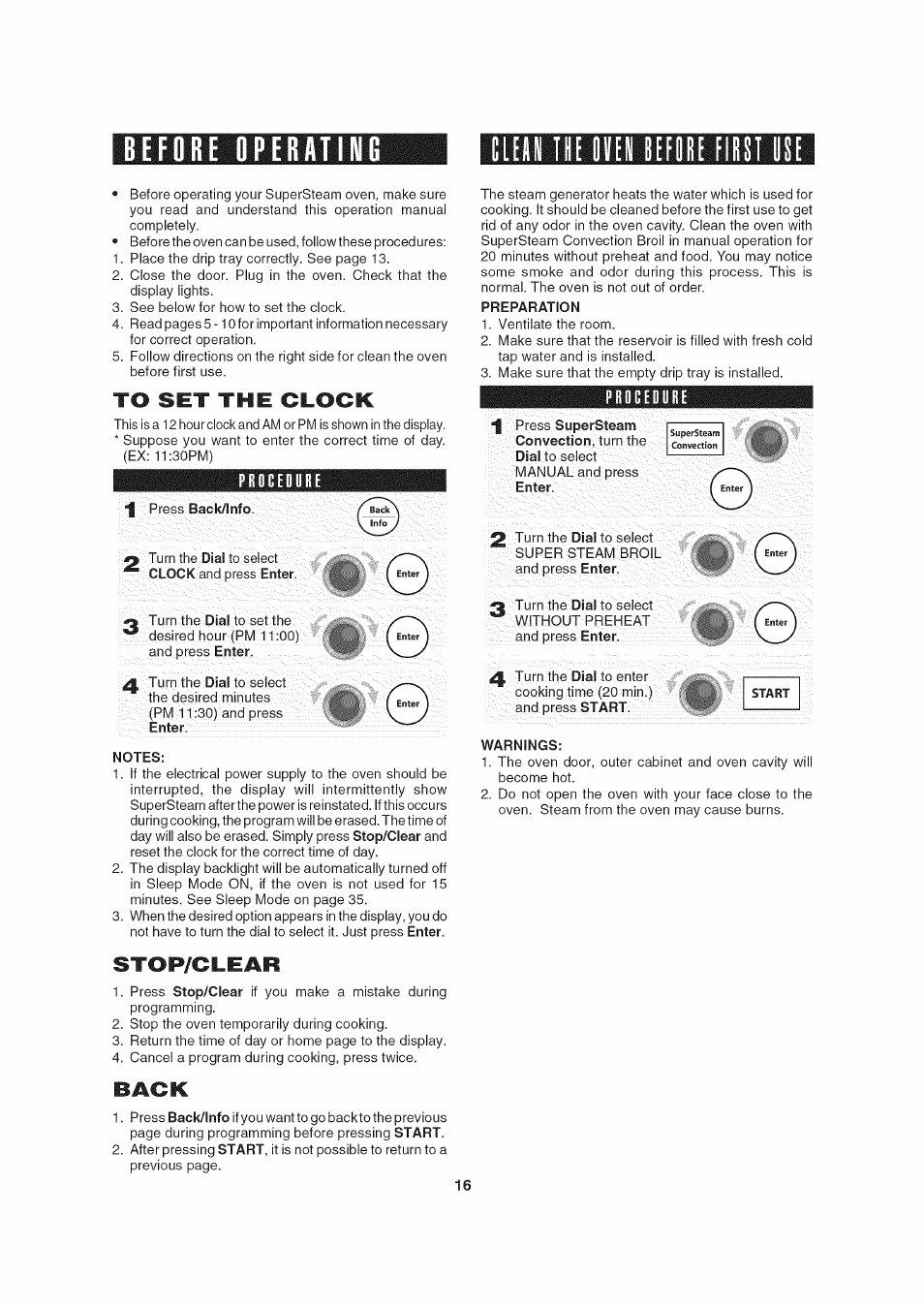 Ibefore operatihg, To set the clock, Procedure | Notes, Stop/clear, Back, Preparation, Warnings, Before operating | Sharp AX-1200 User Manual | Page 18 / 43