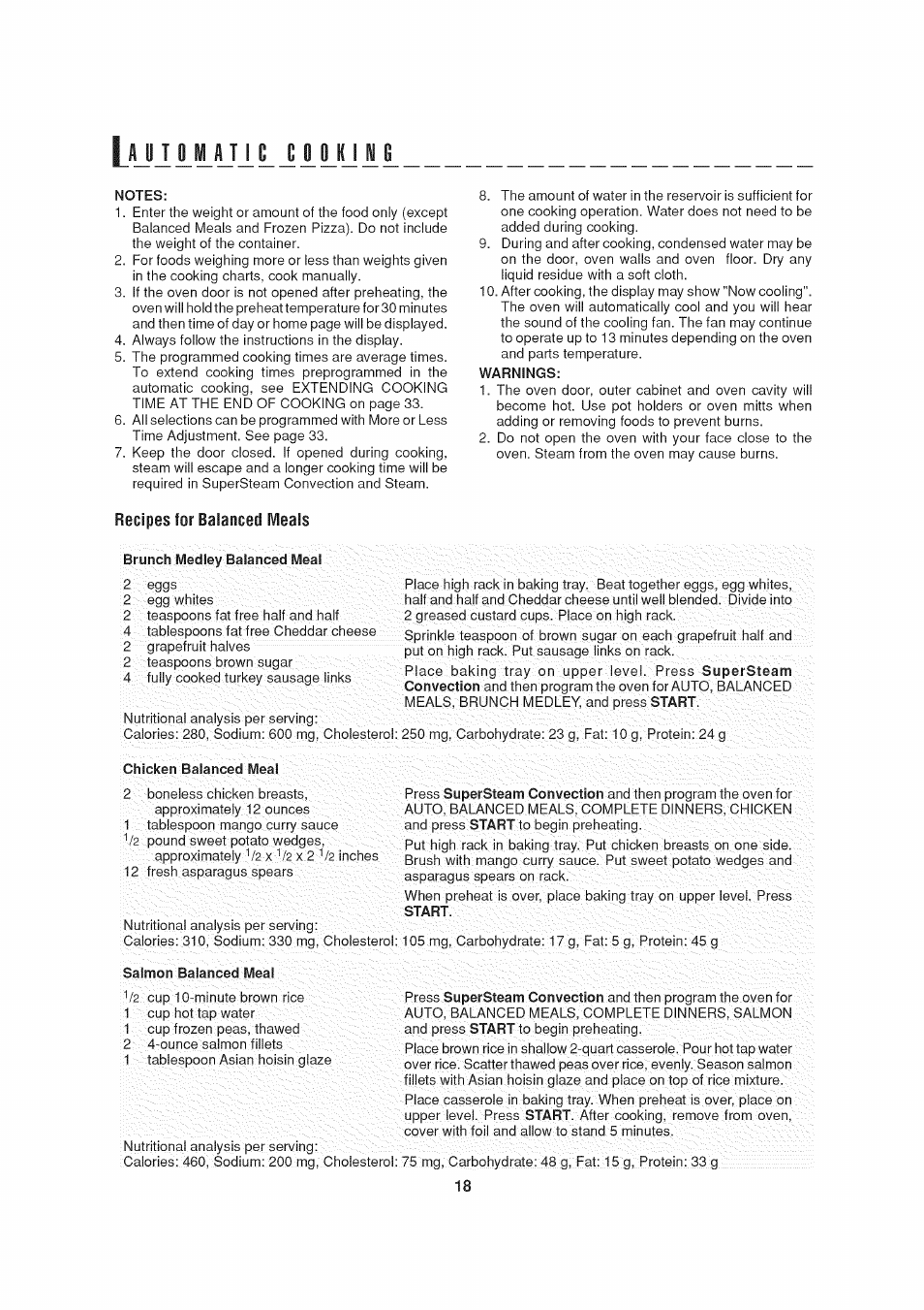 Warnings, Recipes for balanced meals, Brunch medley balanced meal | Chicken balanced meal, Salmon balanced meal, Jj imaji c_ il lu m, Recipes | Sharp AX-1200 User Manual | Page 20 / 43