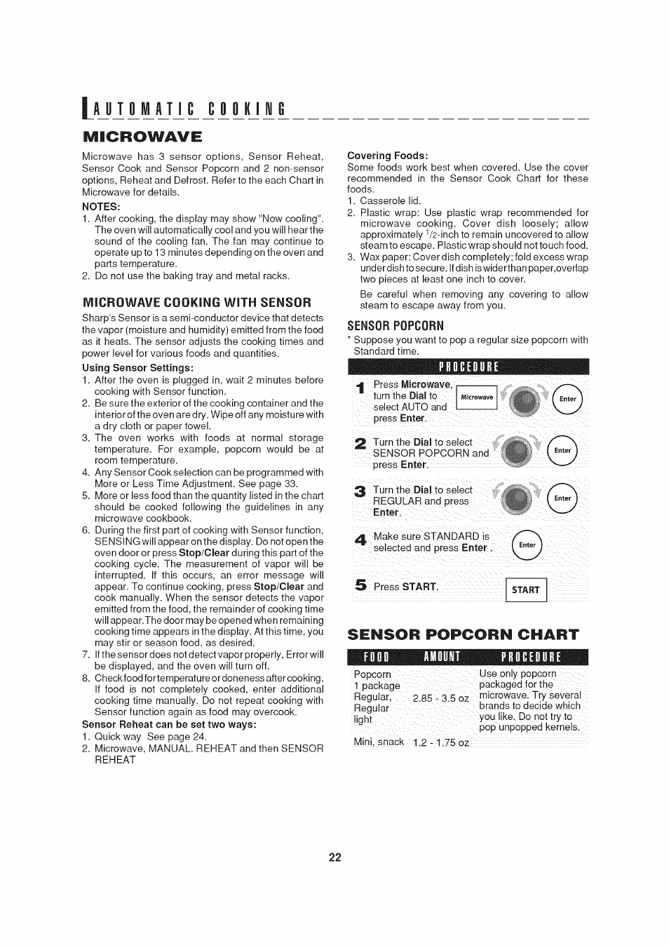 Microwave, Microwave cooking with sensor, Sensor popcorn | Procedure, Sensor popcorn chart, J j ìm aji j i yj li | Sharp AX-1200 User Manual | Page 24 / 43