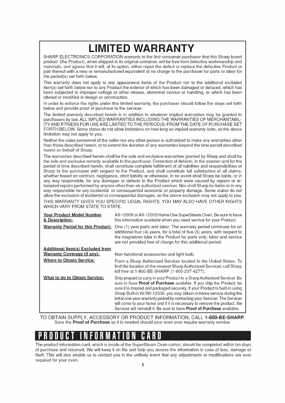 Limited warranty, Your product model number & description, Warranty period for this product | What to do to obtain service, Product information card | Sharp AX-1200 User Manual | Page 3 / 43