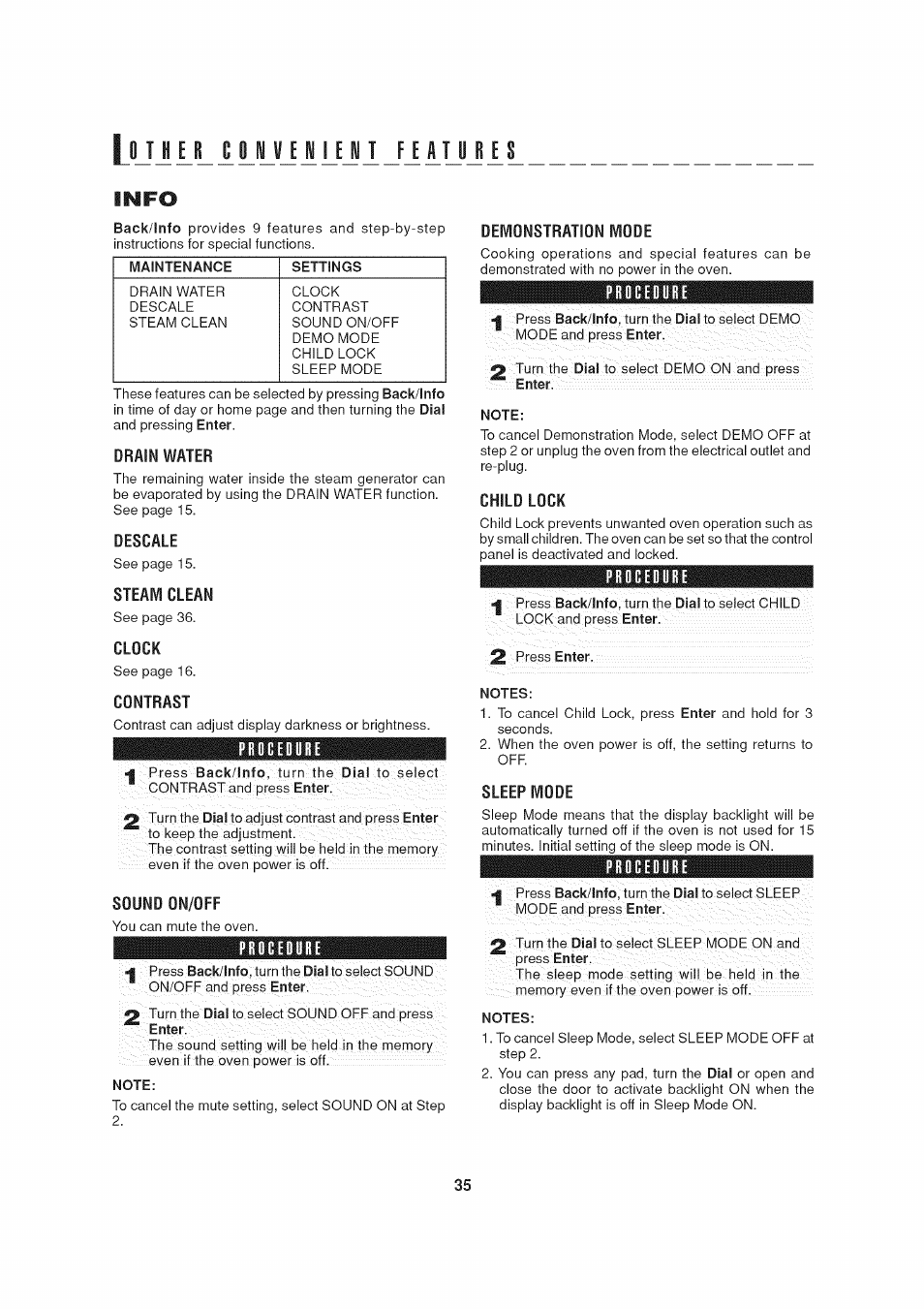 Drain water, Descale, Steam clean | Clock, Contrast, Procedure, Sound on/off, Note, Demonstration mode, Child lock | Sharp AX-1200 User Manual | Page 37 / 43