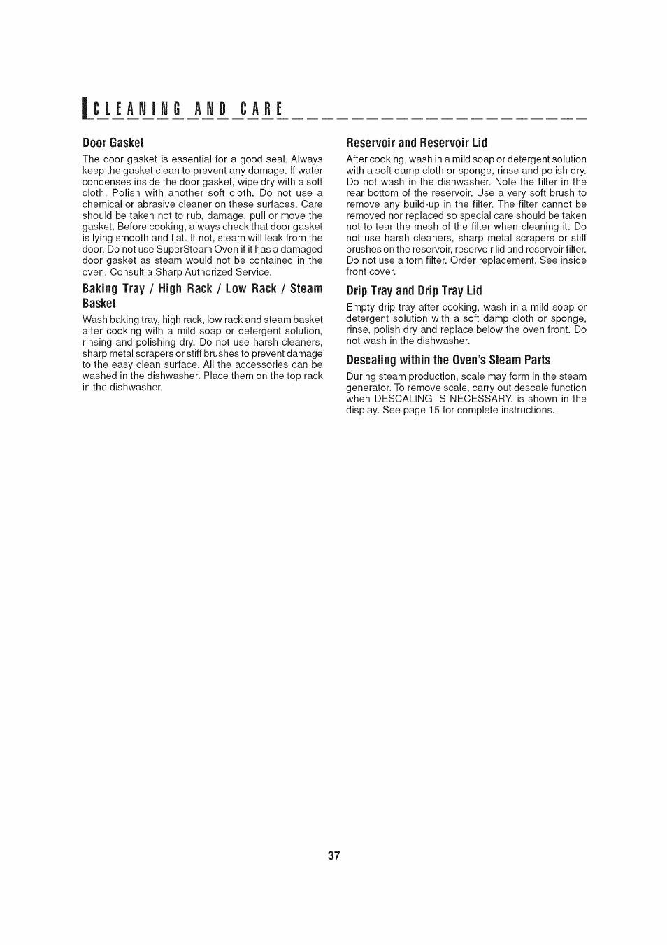 Door gasket, Baking tray / high rack / low rack / steam basket, Reservoir and reservoir lid | Drip tray and drip tray lid, Descaiing within the oven’s steam parts, Lcji pj 1 i ji 1 ji i l | Sharp AX-1200 User Manual | Page 39 / 43