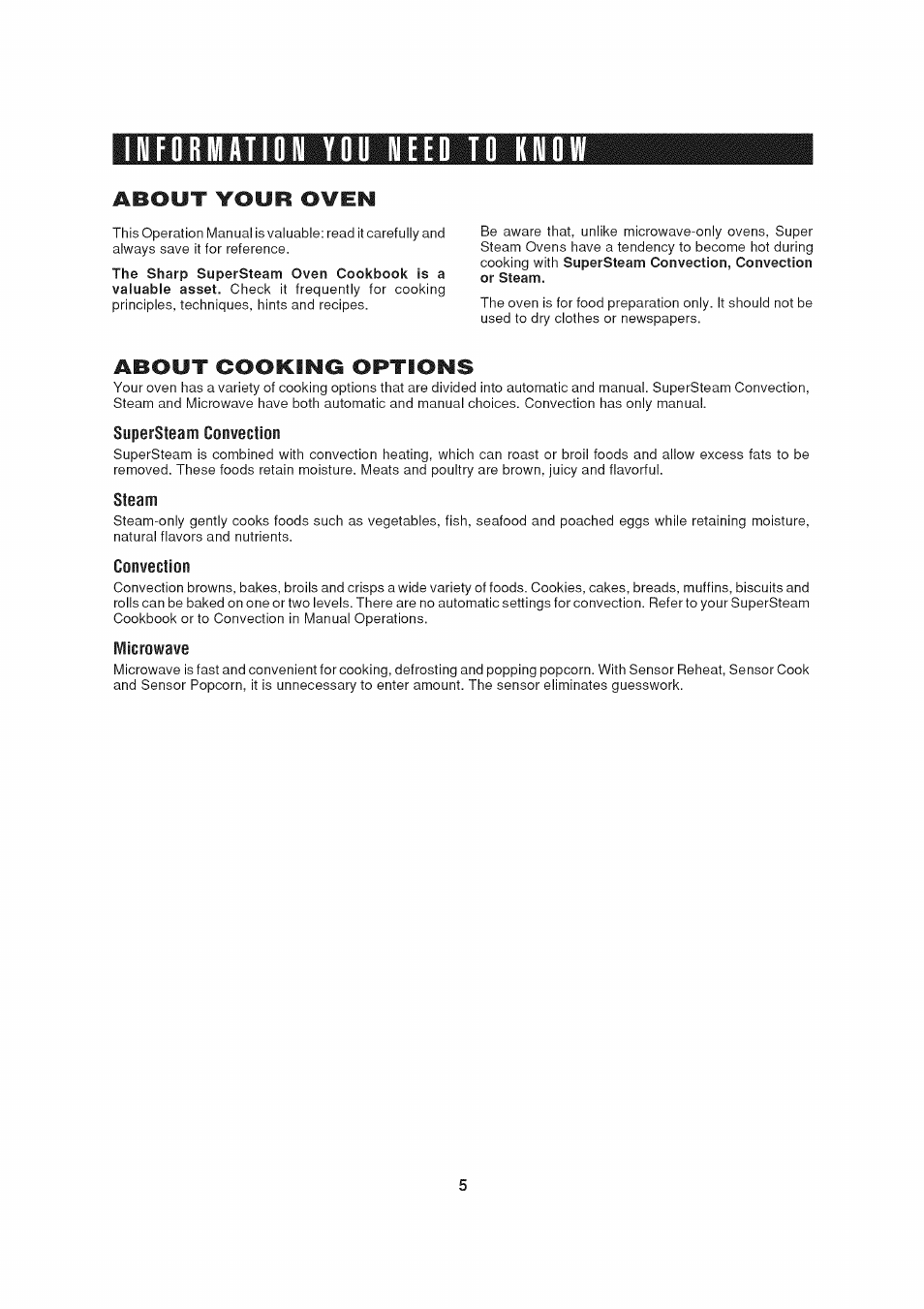 Information yoo neeo to, About your owen, About cooking options | Supersteam convection, Steam, Convection, Microwave, Information you need to know -10 | Sharp AX-1200 User Manual | Page 7 / 43