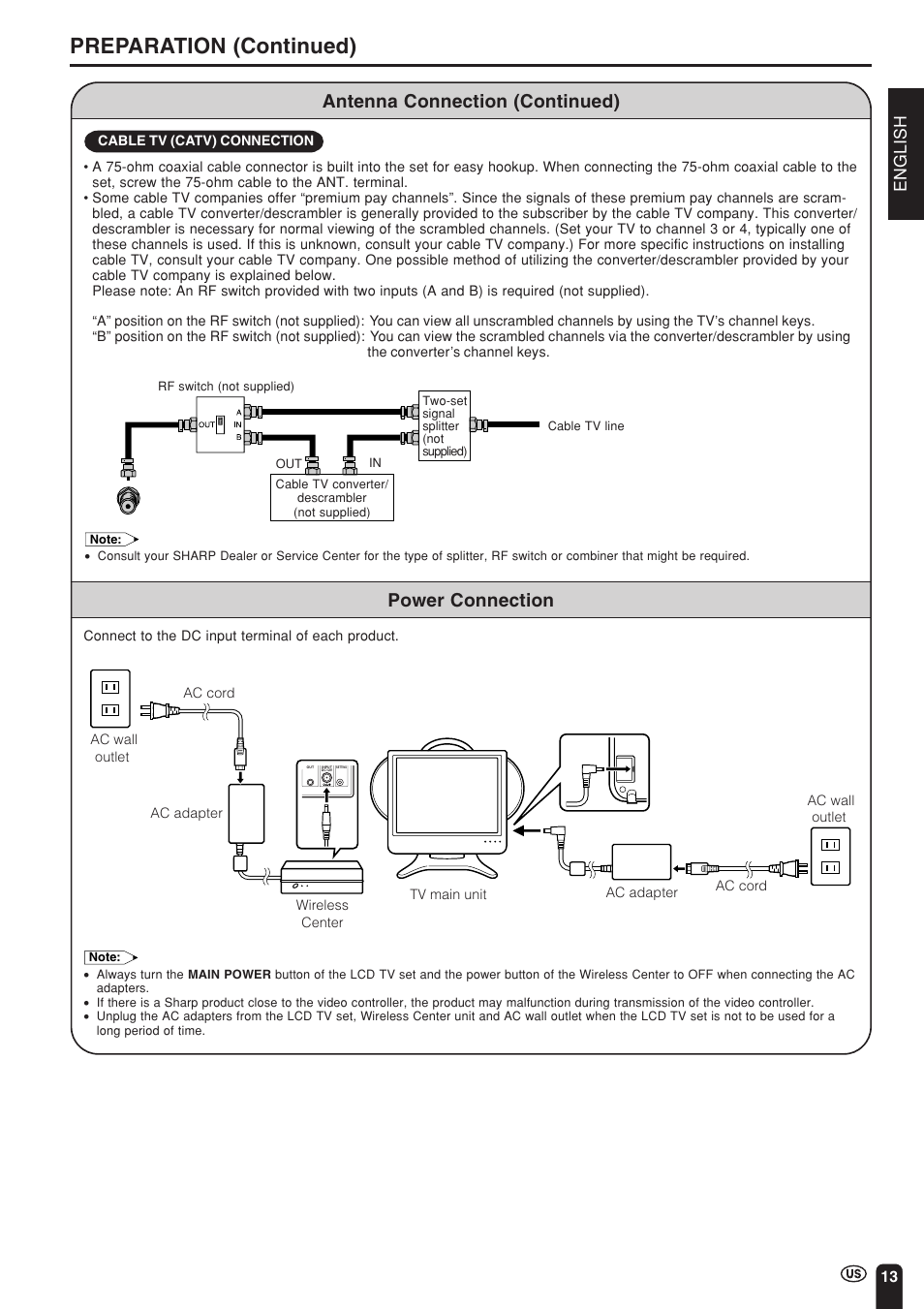 Preparation (continued), Antenna connection (continued), Power connection | English | Sharp Aquos LC 15L1U User Manual | Page 14 / 69