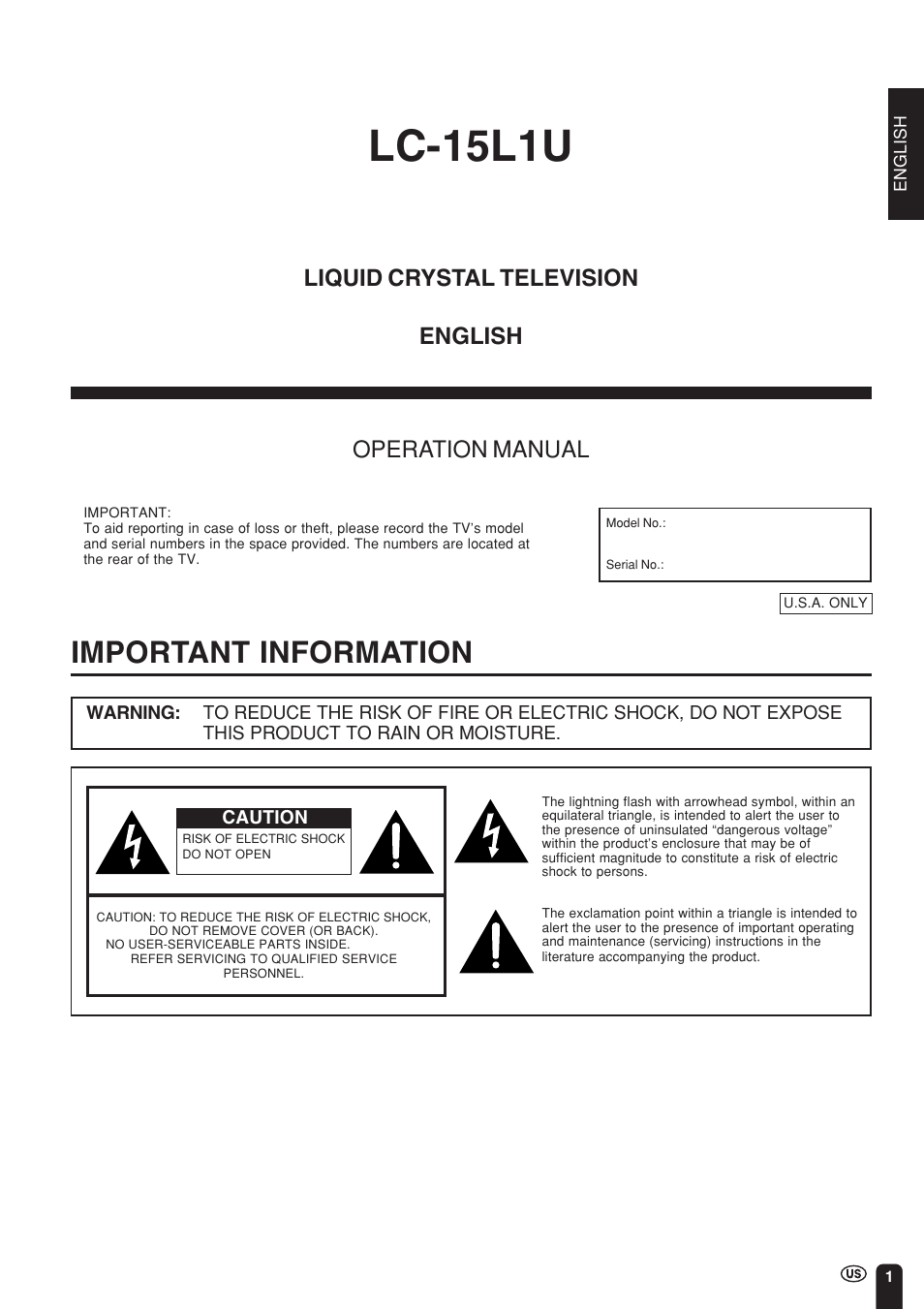 Lc-15l1u, Important information, Liquid crystal television operation manual english | Sharp Aquos LC 15L1U User Manual | Page 2 / 69