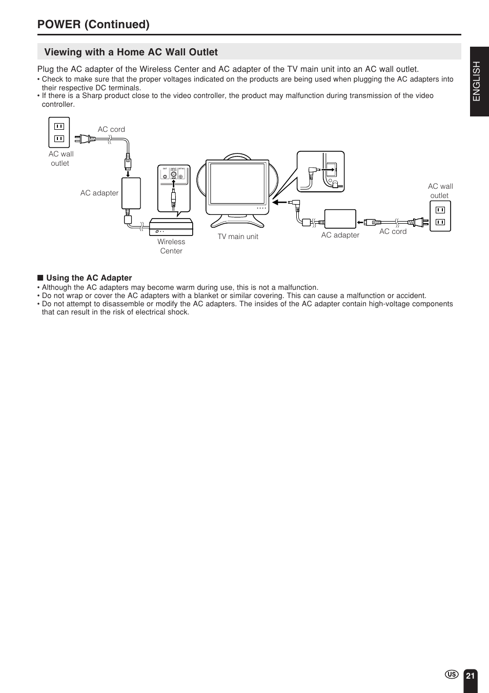 Power (continued), Viewing with a home ac wall outlet, English | Using the ac adapter | Sharp Aquos LC 15L1U User Manual | Page 22 / 69