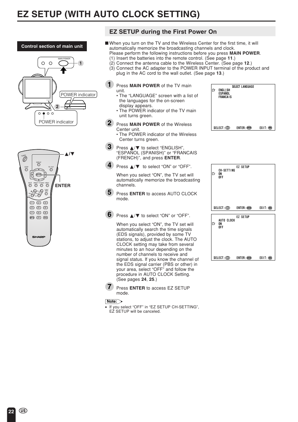 Ez setup (with auto clock setting), Ez setup during the first power on | Sharp Aquos LC 15L1U User Manual | Page 23 / 69