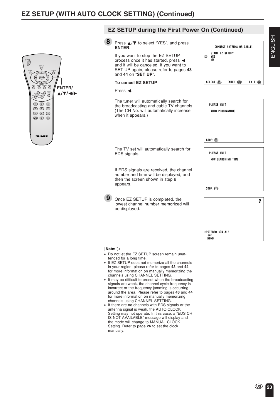 Ez setup (with auto clock setting) (continued), Ez setup during the first power on (continued), English | Sharp Aquos LC 15L1U User Manual | Page 24 / 69