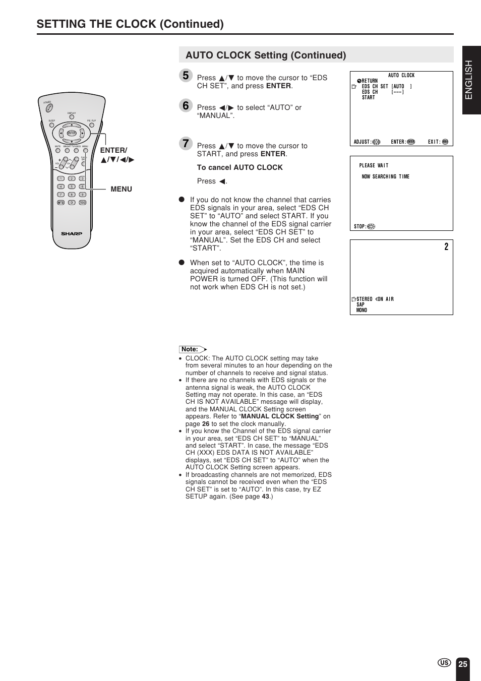 Setting the clock (continued), Auto clock setting (continued), English | Sharp Aquos LC 15L1U User Manual | Page 26 / 69
