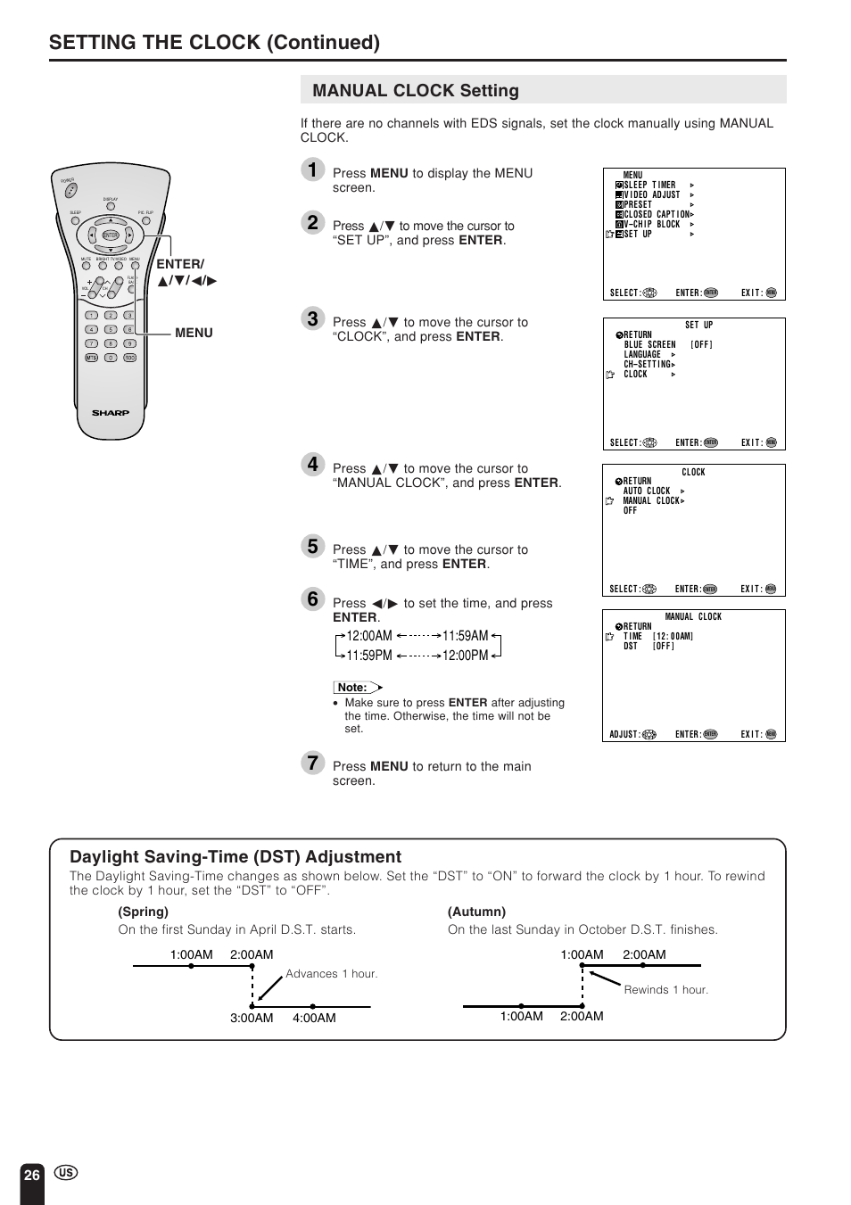 Setting the clock (continued), Manual clock setting, Daylight saving-time (dst) adjustment | Sharp Aquos LC 15L1U User Manual | Page 27 / 69