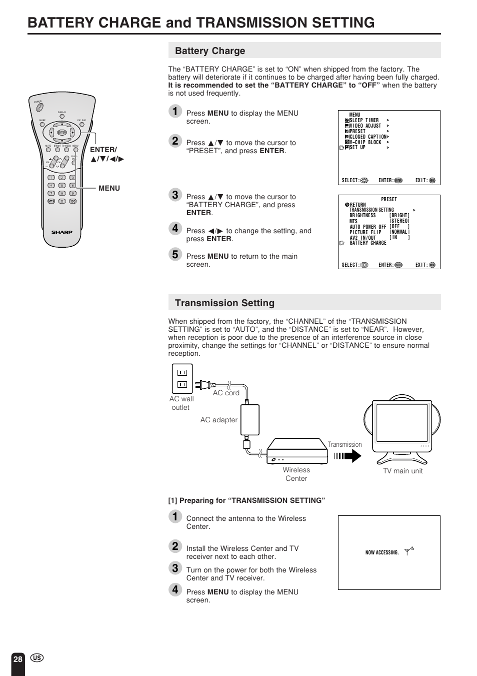 Battery charge and transmission setting, Battery charge, Transmission setting | Sharp Aquos LC 15L1U User Manual | Page 29 / 69