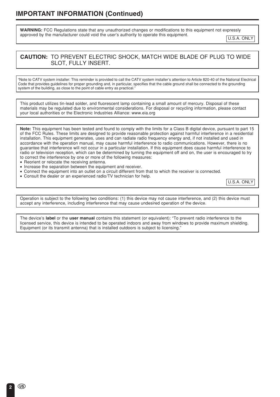Important information (continued) | Sharp Aquos LC 15L1U User Manual | Page 3 / 69