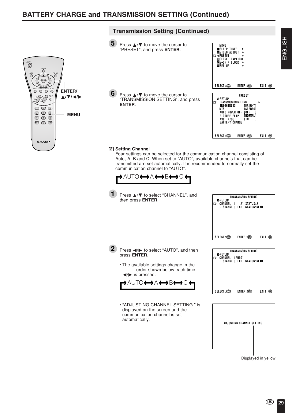 Transmission setting (continued), Auto a b c, English | Sharp Aquos LC 15L1U User Manual | Page 30 / 69