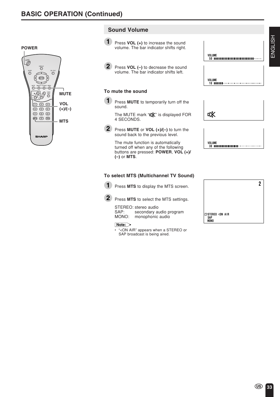 Basic operation (continued), Sound volume, English | Sharp Aquos LC 15L1U User Manual | Page 34 / 69