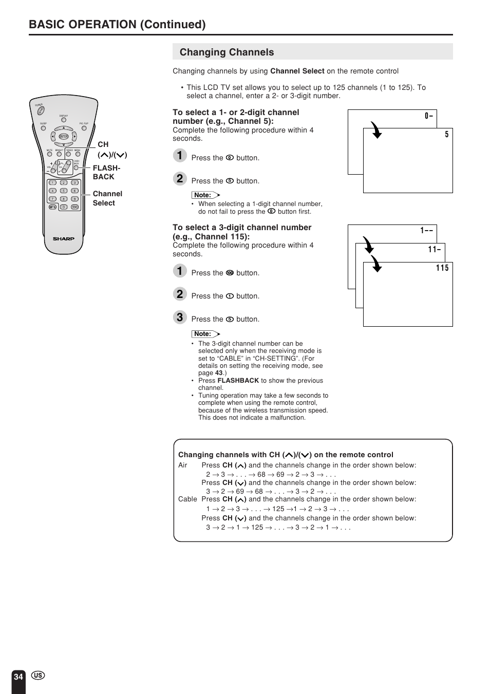 Basic operation (continued), Changing channels | Sharp Aquos LC 15L1U User Manual | Page 35 / 69