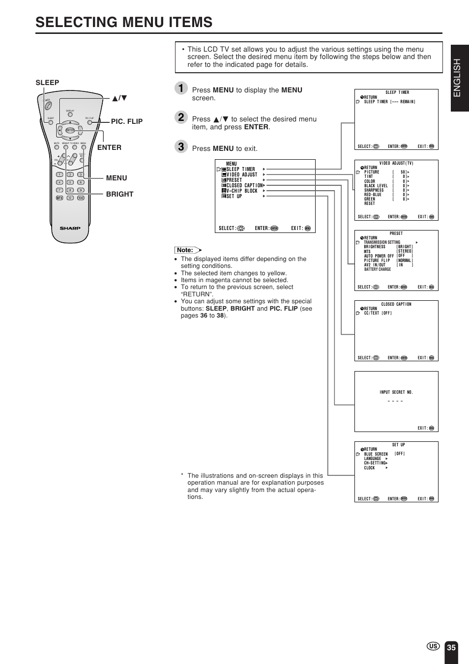 Selecting menu items, English, Press menu to display the menu screen | Press menu to exit, Enter bright, Menu pic. flip sleep a / b | Sharp Aquos LC 15L1U User Manual | Page 36 / 69