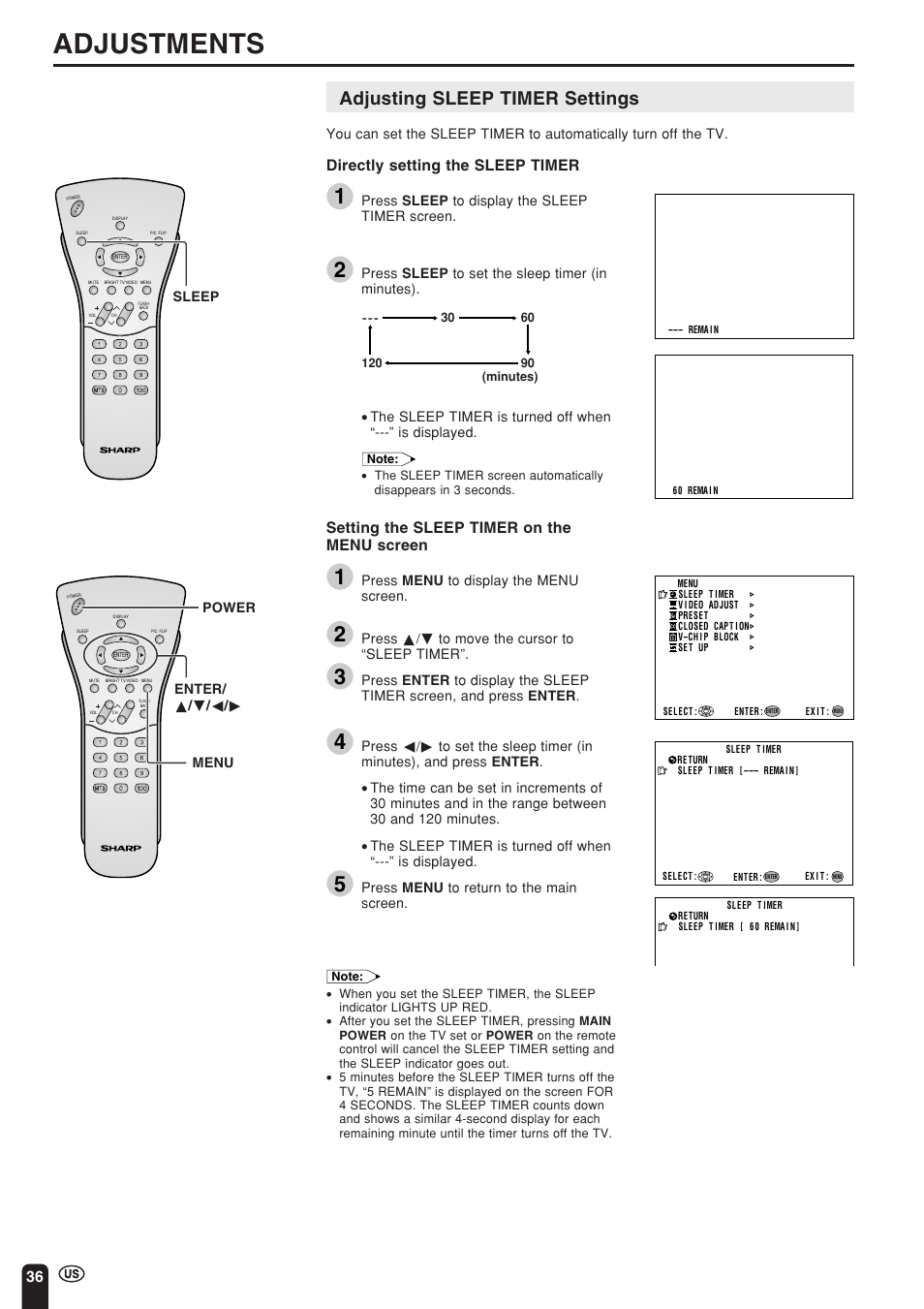 Adjustments, Adjusting sleep timer settings, Directly setting the sleep timer | Setting the sleep timer on the menu screen | Sharp Aquos LC 15L1U User Manual | Page 37 / 69