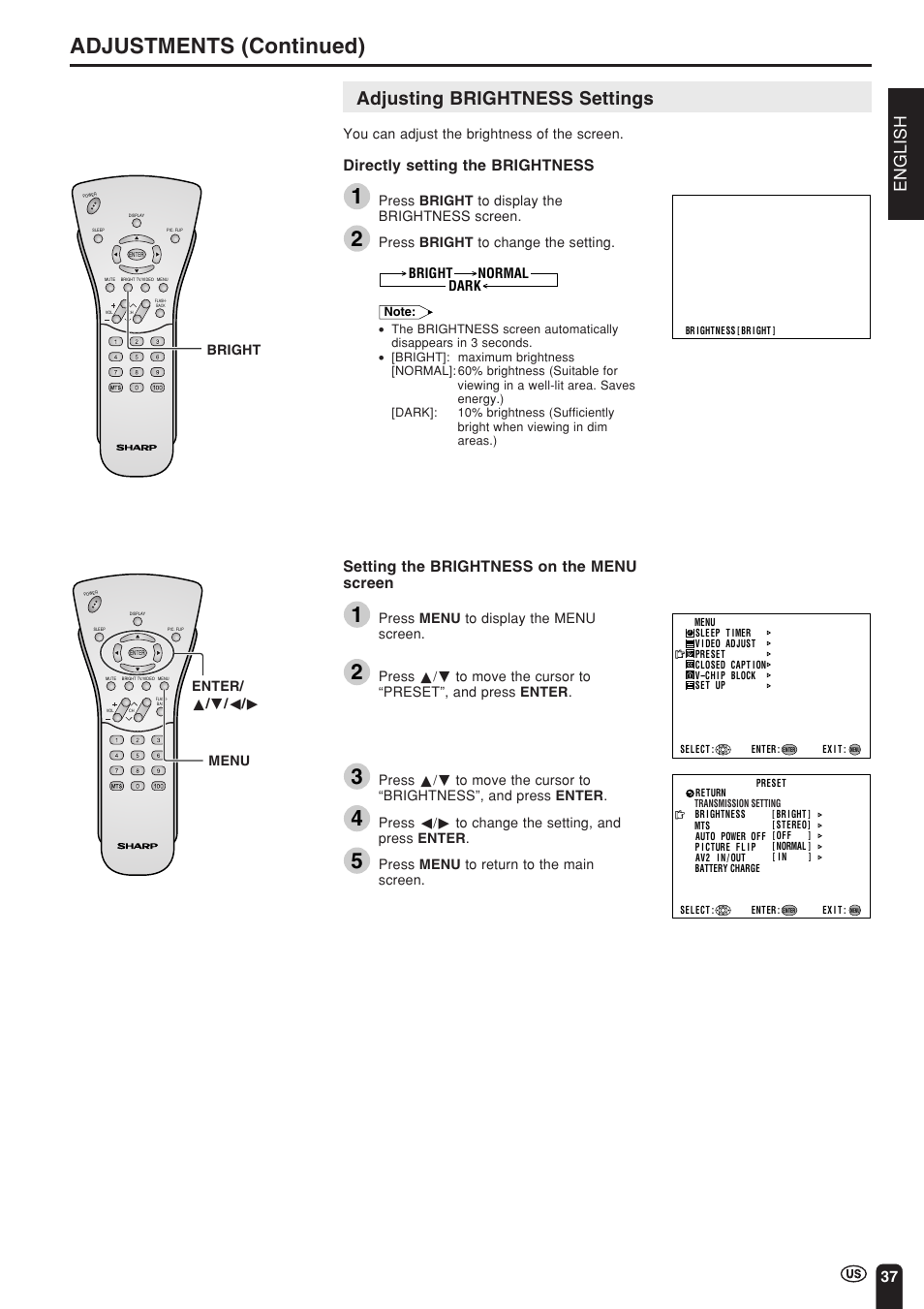 Adjustments (continued), Adjusting brightness settings, English | Directly setting the brightness, Setting the brightness on the menu screen | Sharp Aquos LC 15L1U User Manual | Page 38 / 69