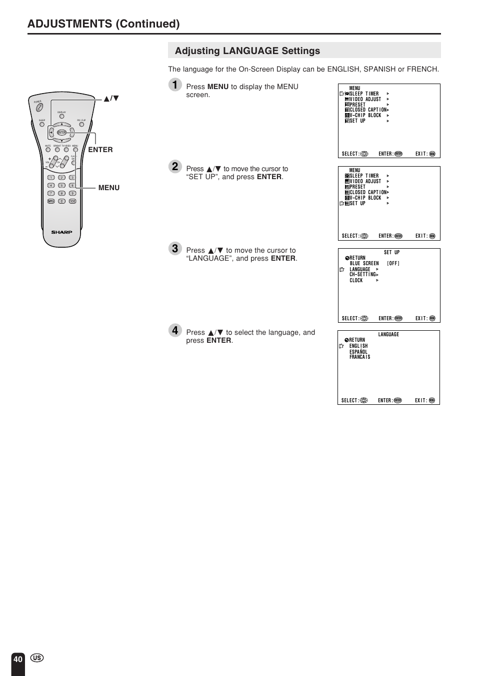 Adjustments (continued), Adjusting language settings, Enter menu | Press menu to display the menu screen | Sharp Aquos LC 15L1U User Manual | Page 41 / 69