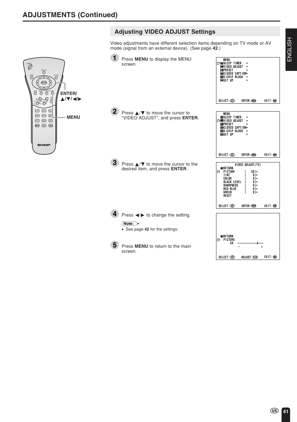 Adjustments (continued), Adjusting video adjust settings, English | Sharp Aquos LC 15L1U User Manual | Page 42 / 69