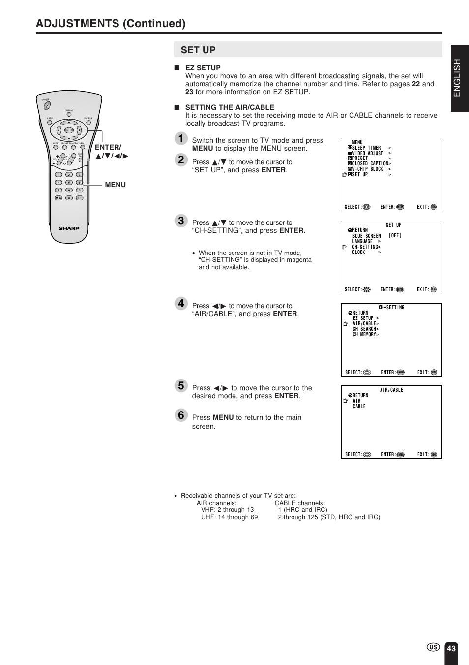 Adjustments (continued), Set up, English | Sharp Aquos LC 15L1U User Manual | Page 44 / 69