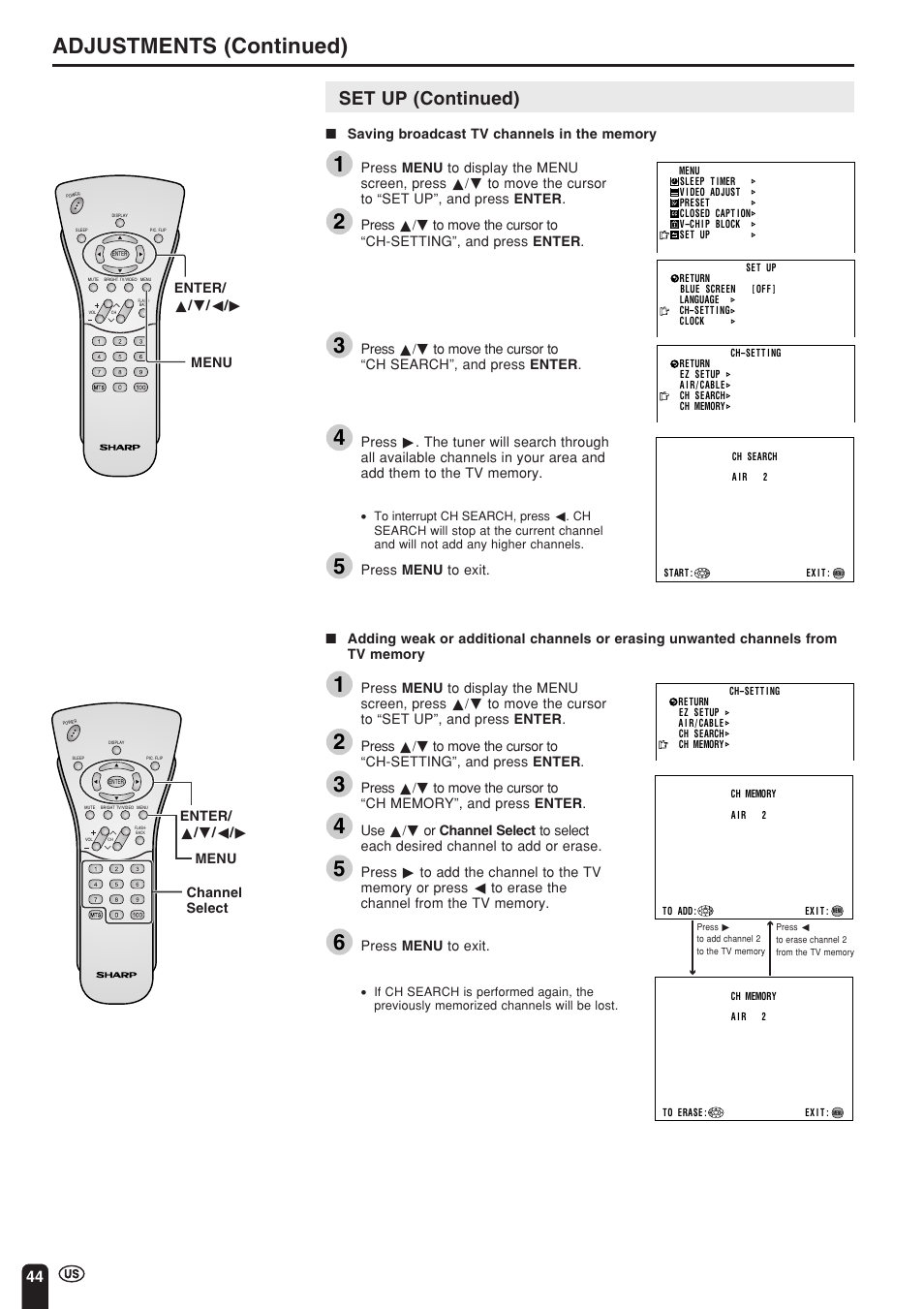 Adjustments (continued), Set up (continued) | Sharp Aquos LC 15L1U User Manual | Page 45 / 69