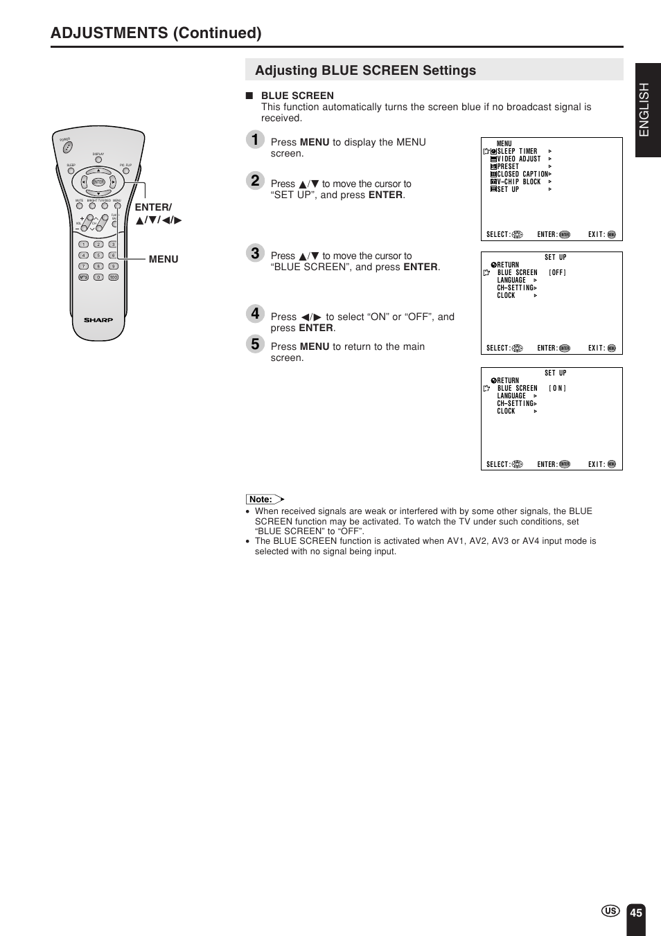 Adjustments (continued), Adjusting blue screen settings, English | Sharp Aquos LC 15L1U User Manual | Page 46 / 69