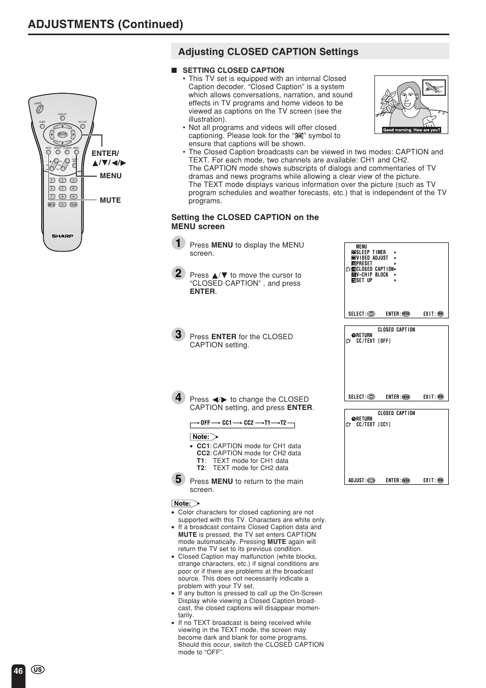 Adjustments (continued), Adjusting closed caption settings, Setting the closed caption on the menu screen | Sharp Aquos LC 15L1U User Manual | Page 47 / 69
