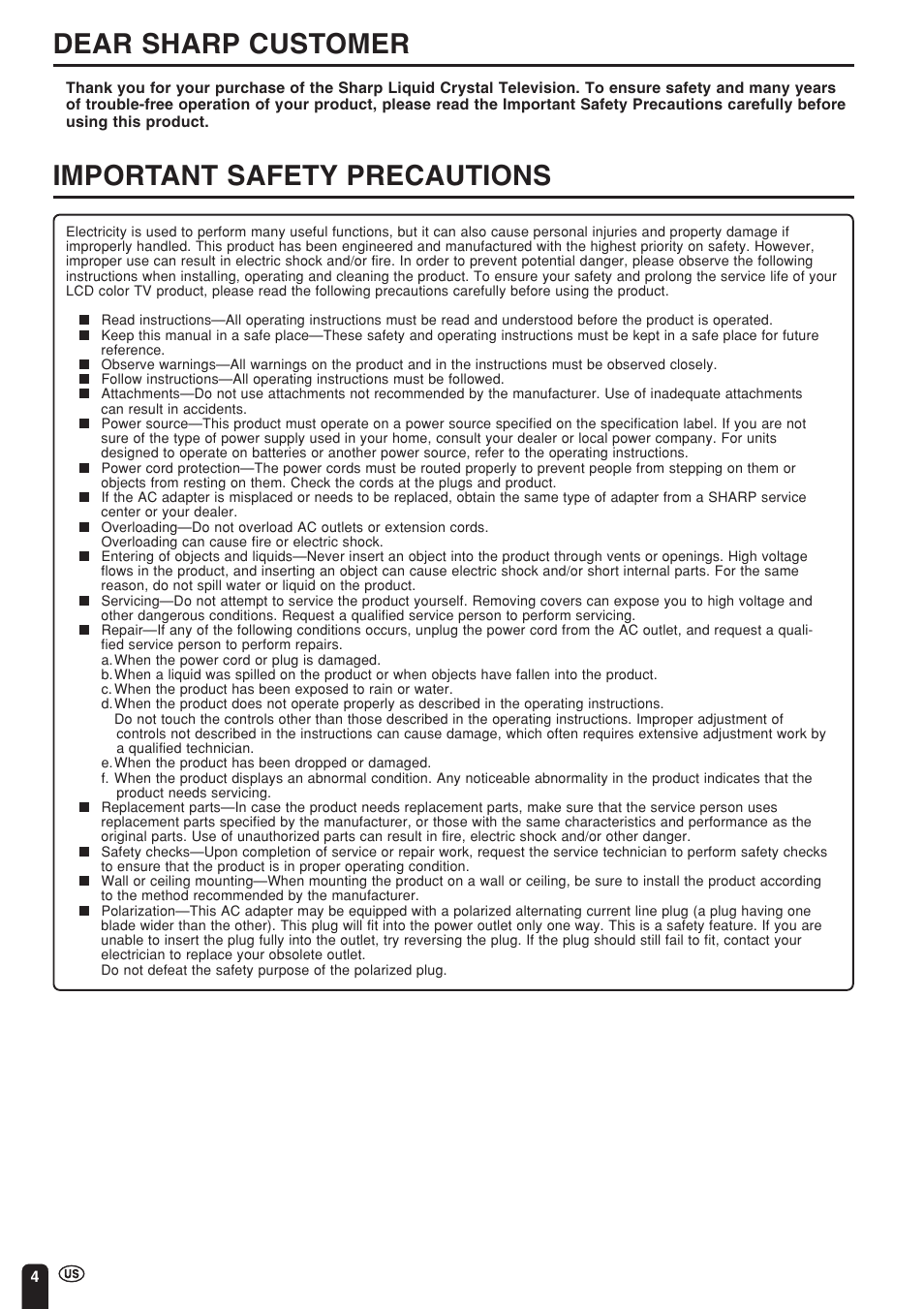 Dear sharp customer, Important safety precautions | Sharp Aquos LC 15L1U User Manual | Page 5 / 69