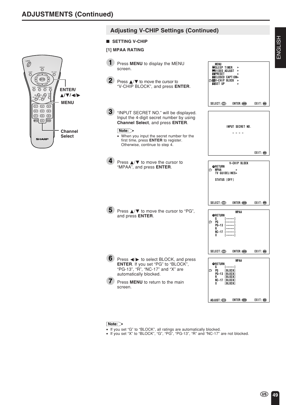 Adjustments (continued), Adjusting v-chip settings (continued), English | Sharp Aquos LC 15L1U User Manual | Page 50 / 69
