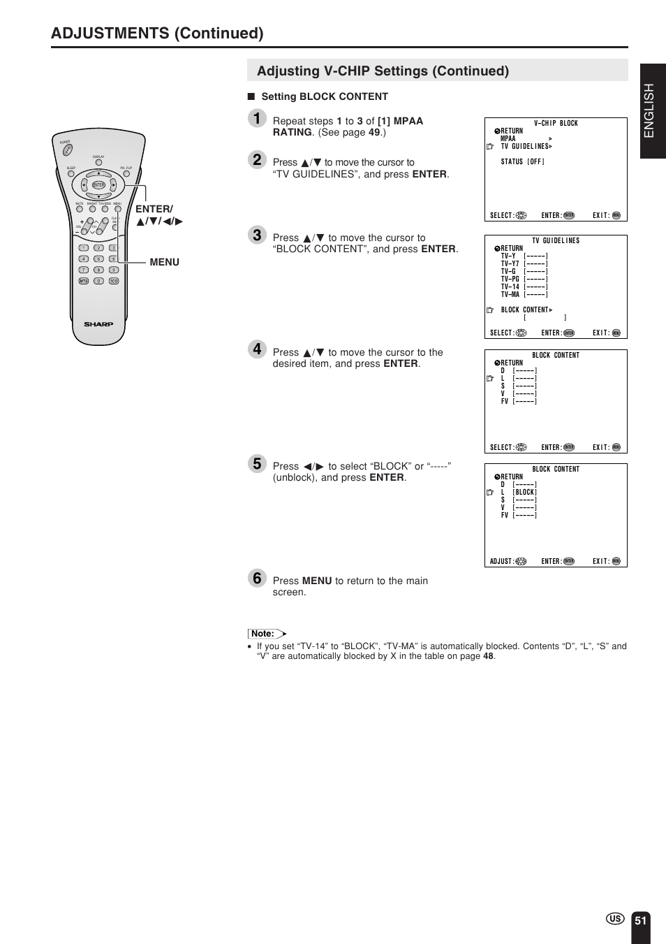 Adjustments (continued), Adjusting v-chip settings (continued), English | Sharp Aquos LC 15L1U User Manual | Page 52 / 69