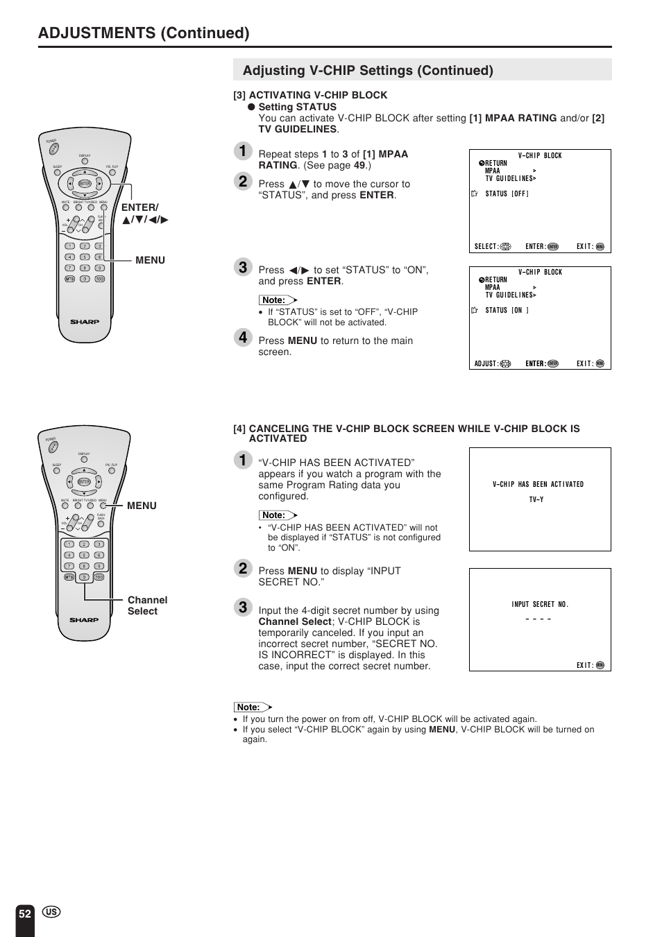 Adjustments (continued), Adjusting v-chip settings (continued), Enter/ a / b / c / d menu | Menu channel select, Press c/d to set “status” to “on”, and press enter, Press menu to display “input secret no | Sharp Aquos LC 15L1U User Manual | Page 53 / 69