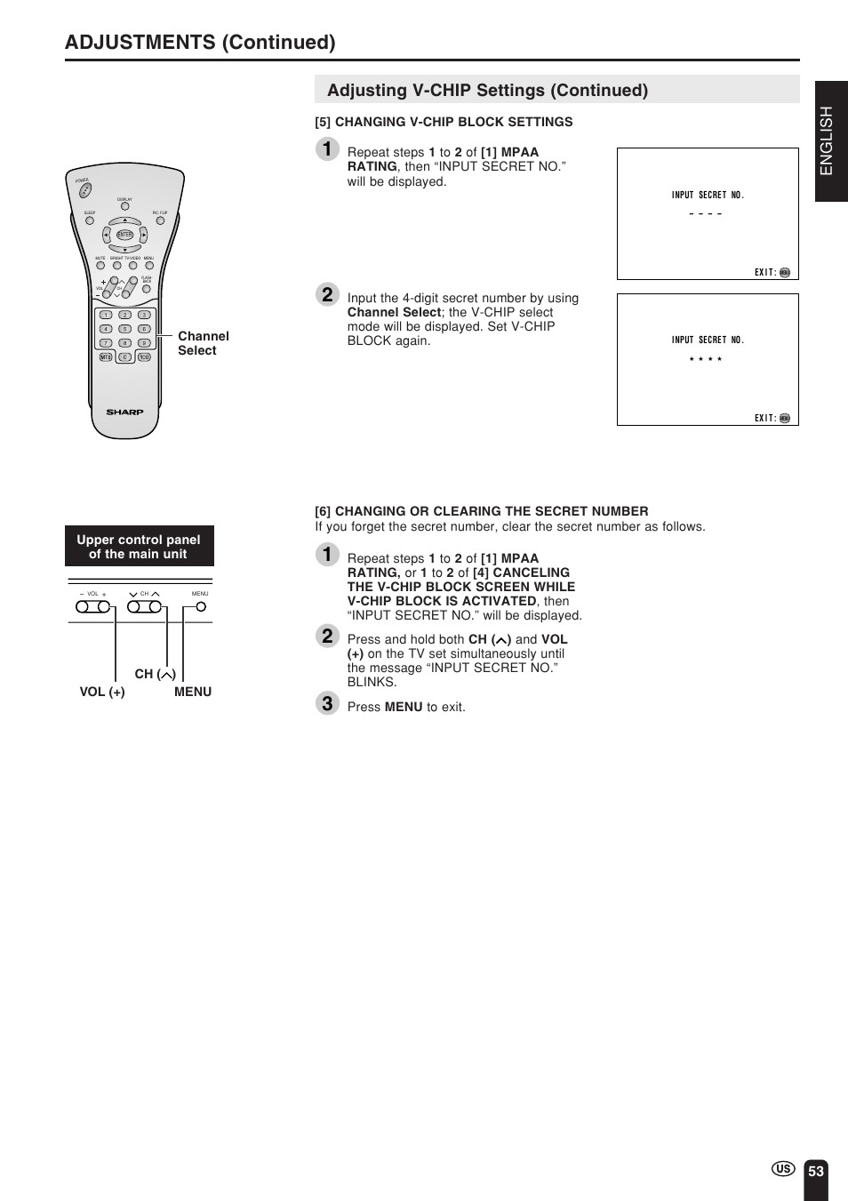 Adjustments (continued), Adjusting v-chip settings (continued), English | Sharp Aquos LC 15L1U User Manual | Page 54 / 69