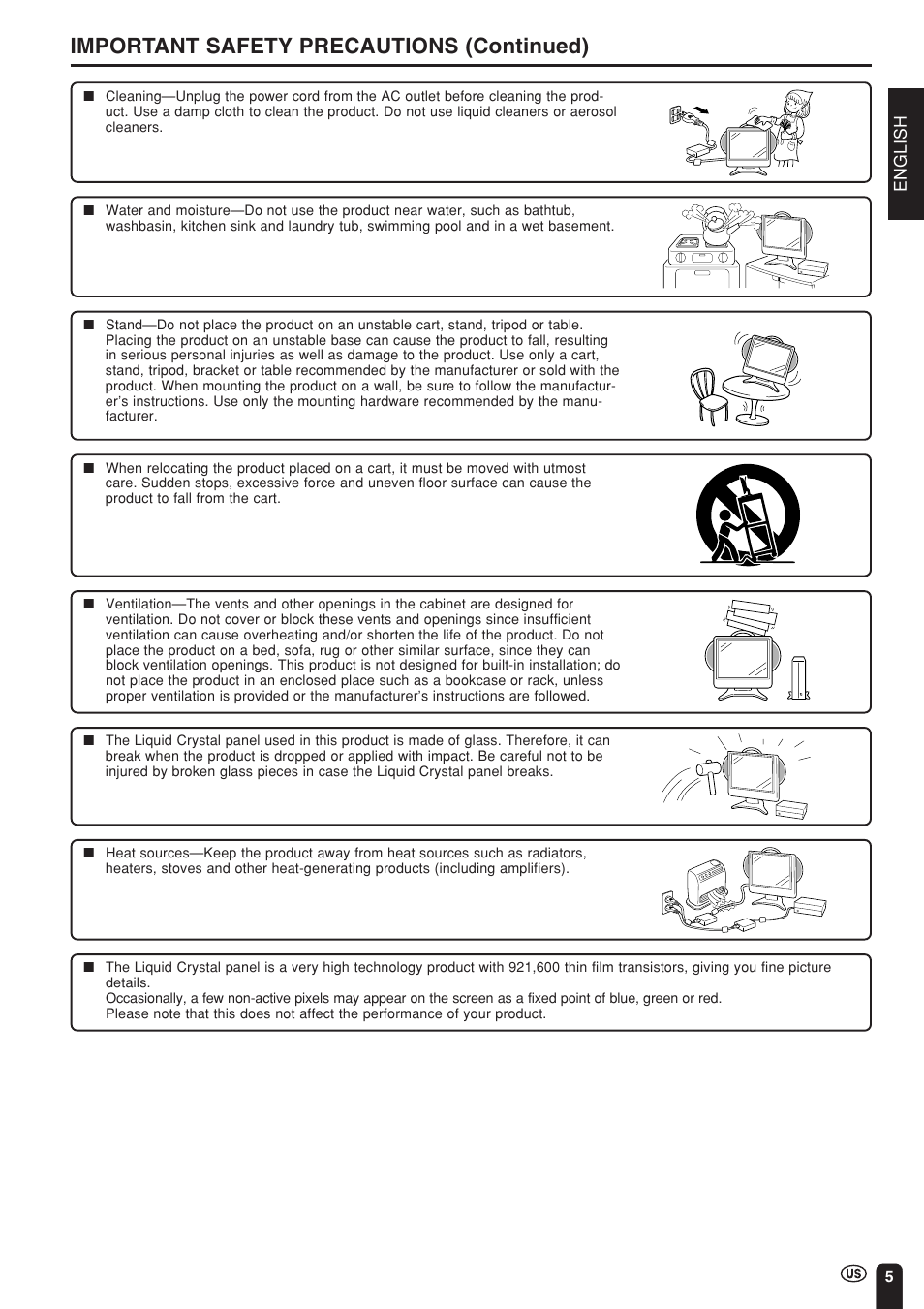 Important safety precautions (continued) | Sharp Aquos LC 15L1U User Manual | Page 6 / 69